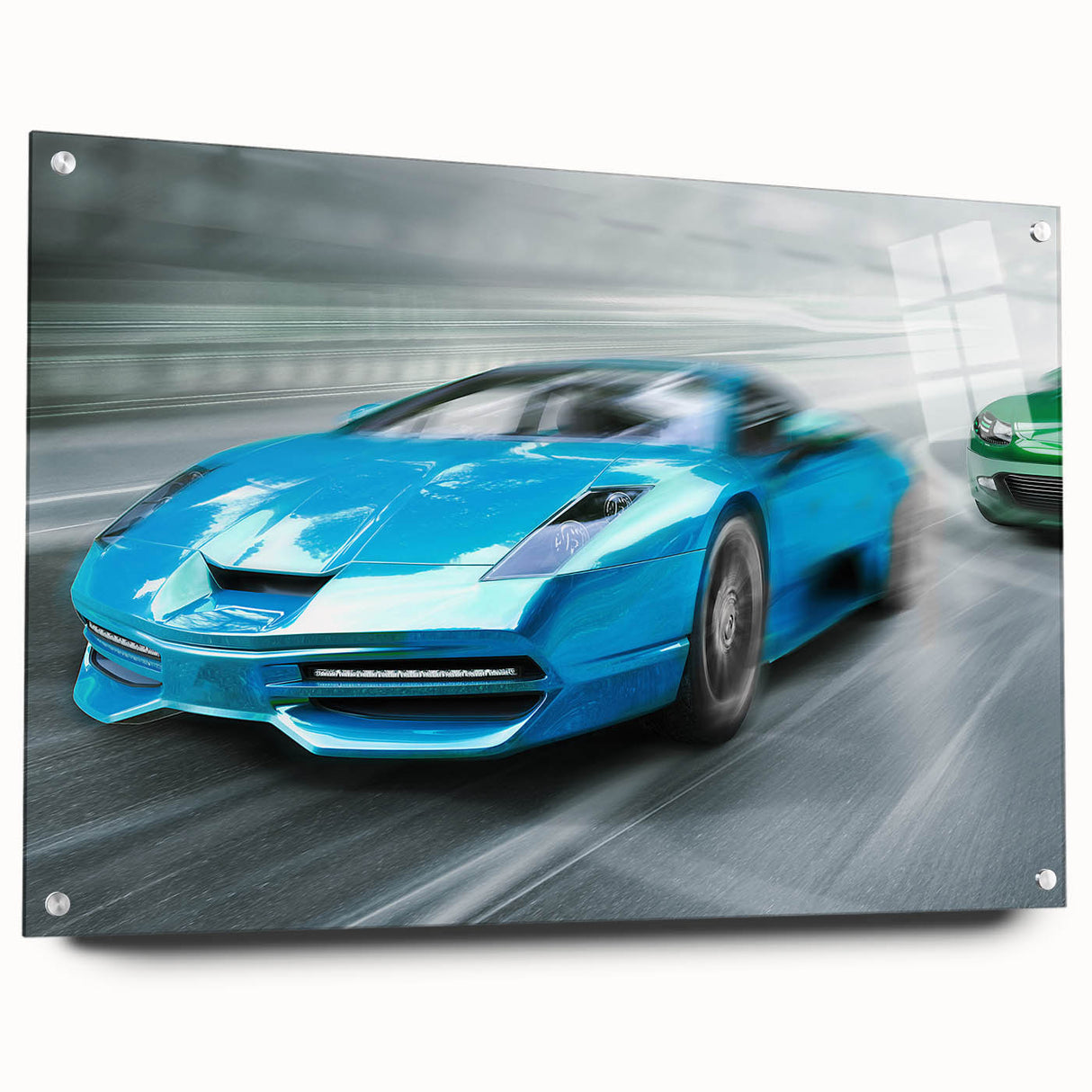 Acrylic print of race cars in motion, featuring vibrant red and blue tones, ideal for modern bedroom or dining room decor.