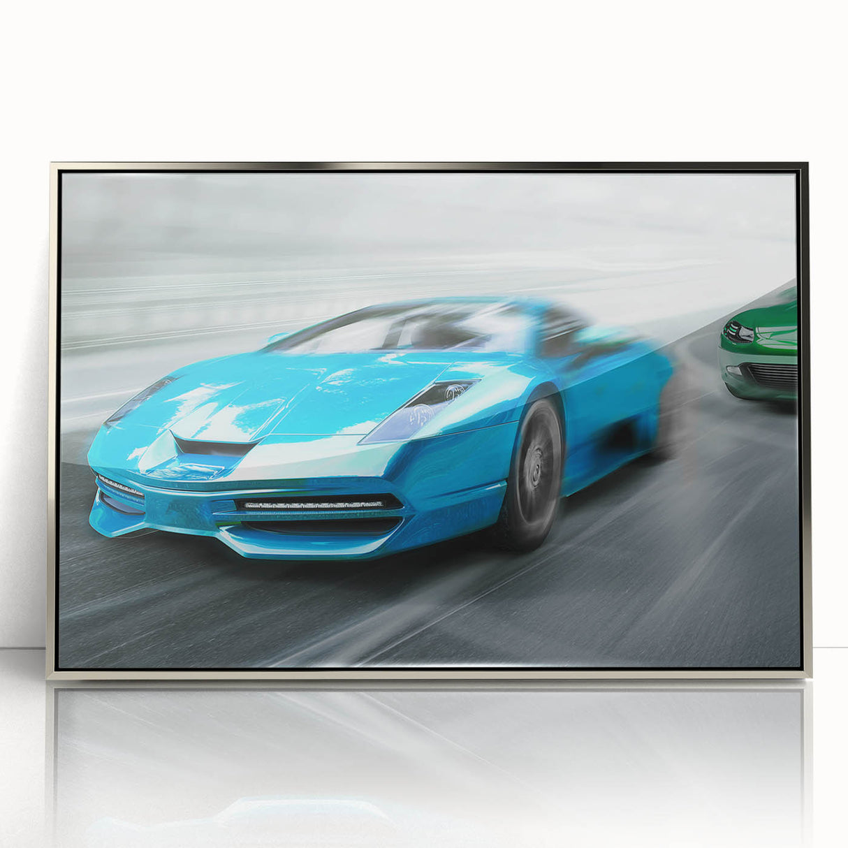 Mid-century modernist race car artwork in vibrant red and blue on a silver-framed acrylic, ideal for nursery wall art.