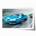 Rolled canvas print featuring a lineup of race cars in vibrant colors, ideal for art wall dining room.