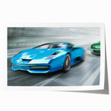 Rolled canvas print featuring a lineup of race cars in vibrant colors, ideal for art wall dining room.
