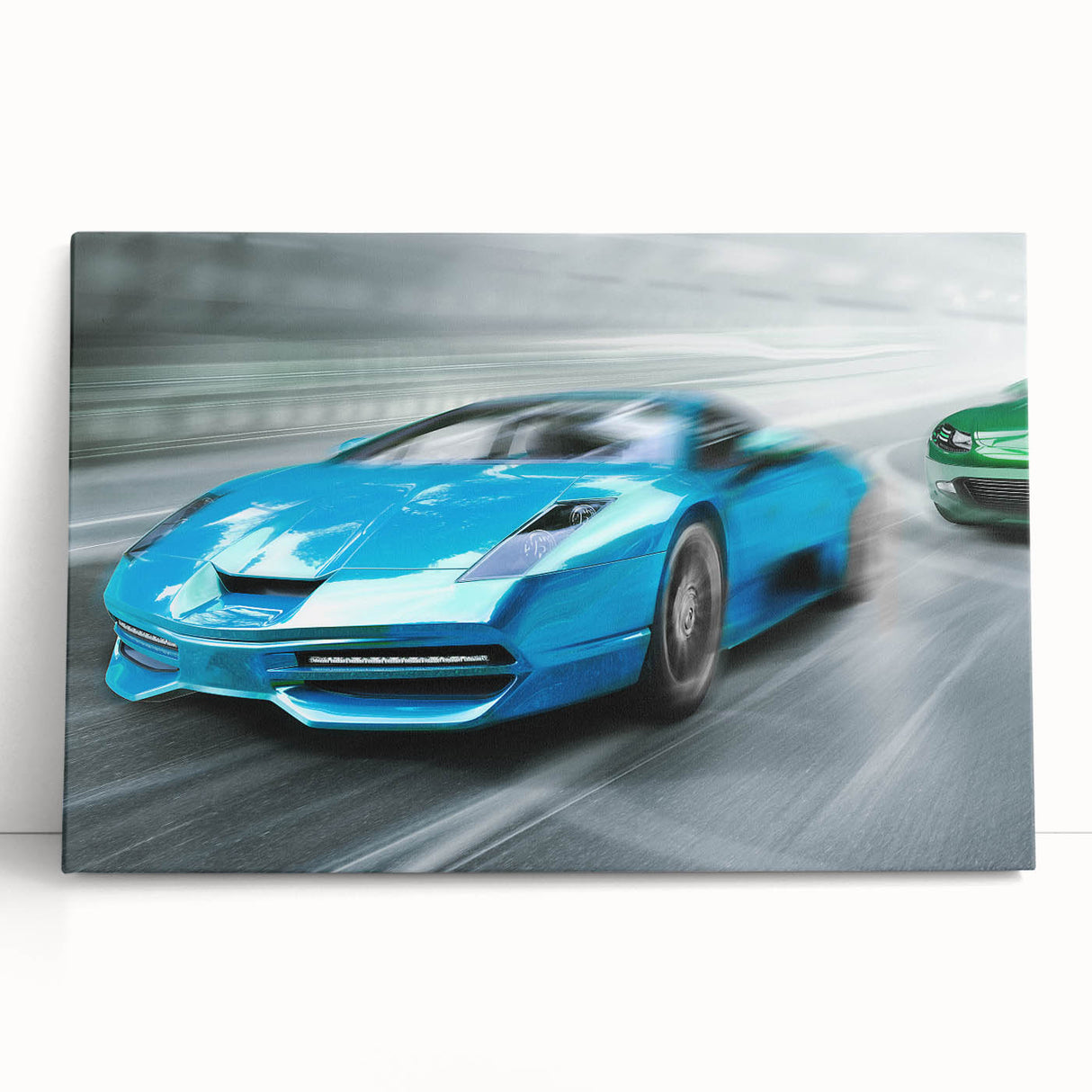 Black and white photo of race cars on stretched canvas, ideal for kitchen wall art or bedroom ambiance.
