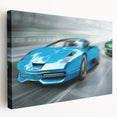 High-speed race cars in dynamic motion on a stretched canvas, featuring vivid red and blue tones.