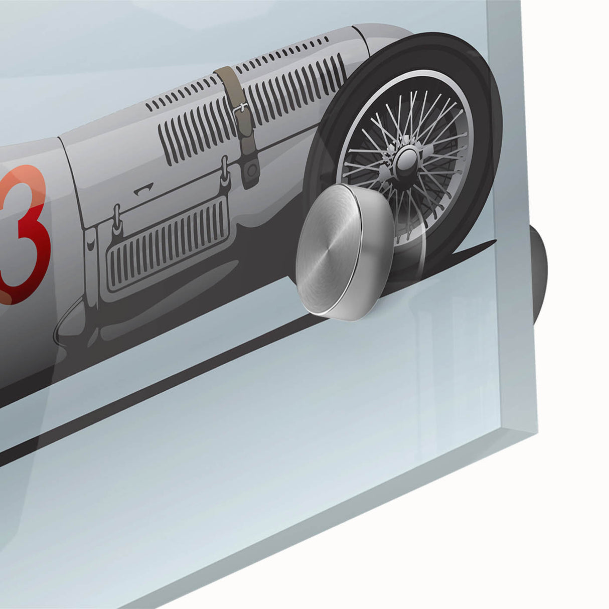 Large abstract wall art featuring race cars in dynamic motion, rendered in mid-century modernist style on acrylic glass.