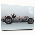 Acrylic print of a side-view race car in dynamic orange and red tones, suitable for bedroom or dining room decor.