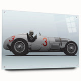 Acrylic print of a side-view race car in dynamic orange and red tones, suitable for bedroom or dining room decor.