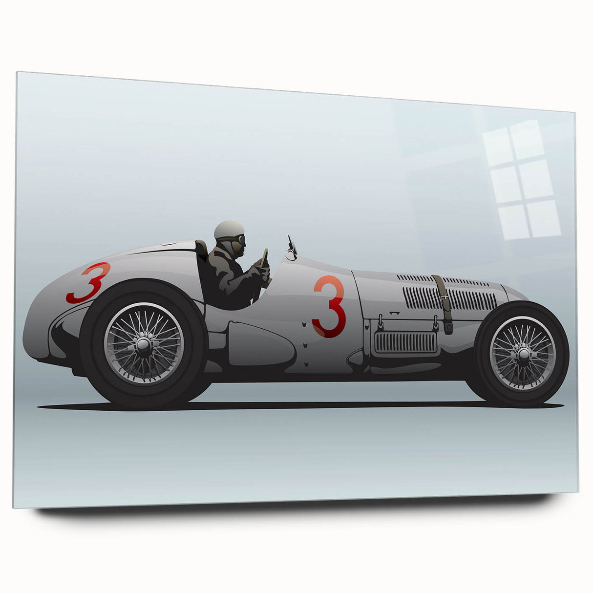 Acrylic print of a race car in motion, featuring vibrant red and blue tones, suitable for bedroom or dining room art.