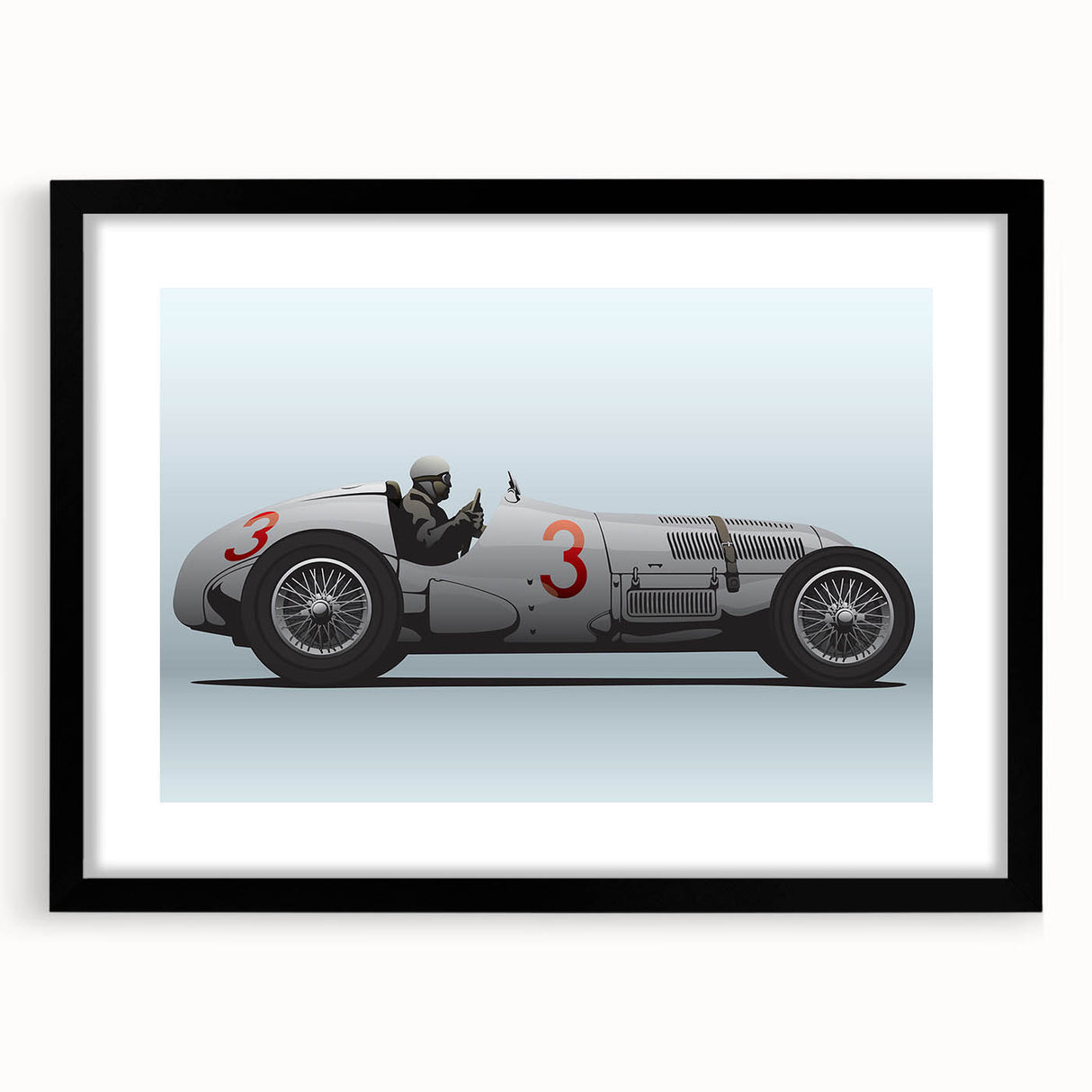 Abstract art print of race cars, in bold, colorful textures on a large black-framed canvas, ideal for living room decor.