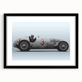 Abstract art print of race cars, in bold, colorful textures on a large black-framed canvas, ideal for living room decor.