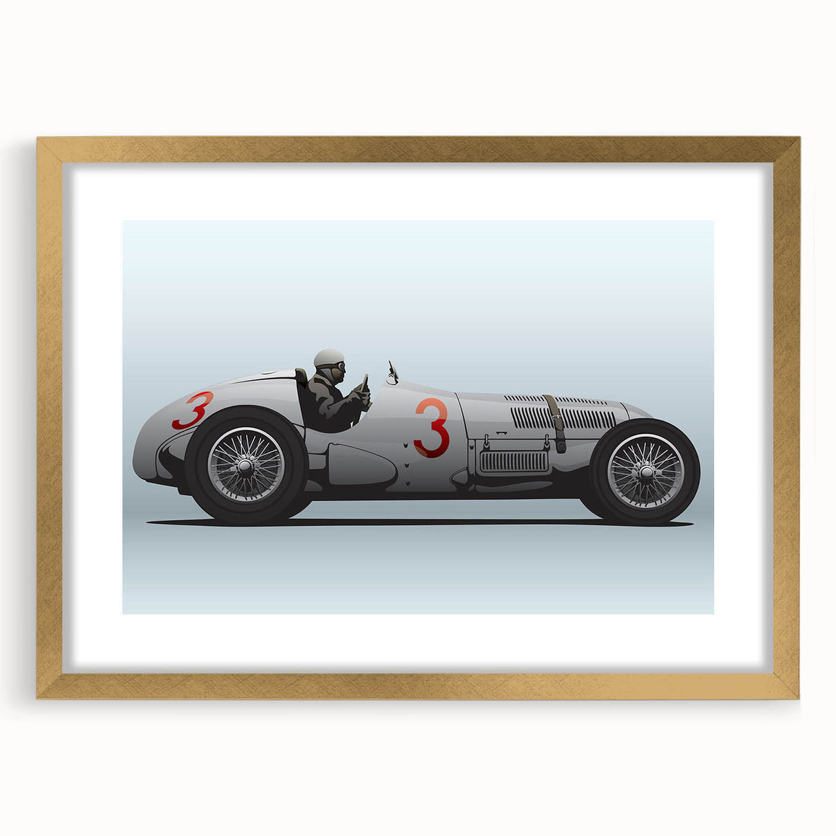 Extra large wall art of abstract race cars in vivid orange and red tones on a gold-framed canvas.