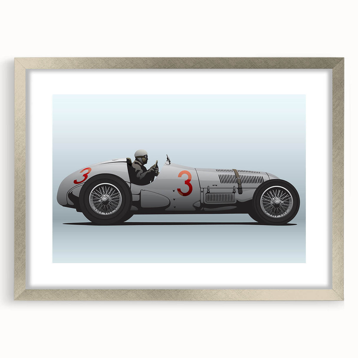 Textured art print of abstract race cars in grayscale, framed in silver, ideal for modern bedroom decor.