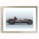Textured art print of abstract race cars in grayscale, framed in silver, ideal for modern bedroom decor.