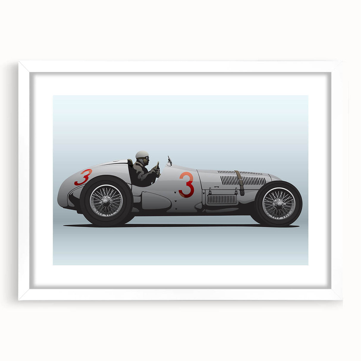 Abstract art print of race cars in motion, using a palette of red and blue, framed in white, ideal for dining room decor.