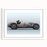 Abstract art print of race cars in motion, using a palette of red and blue, framed in white, ideal for dining room decor.