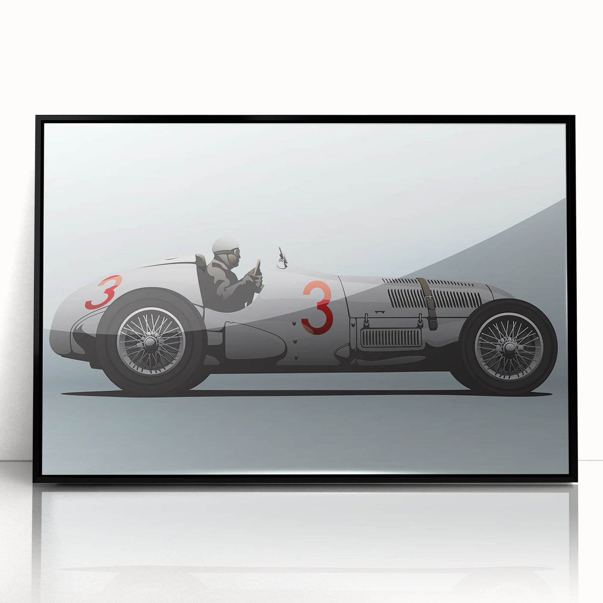 A large abstract wall art print featuring race cars in motion, using bold black and red colors on a framed acrylic.