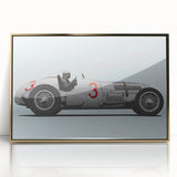 Mid-century modernist race cars in dynamic motion on a large framed acrylic print, with vivid red and blue tones.