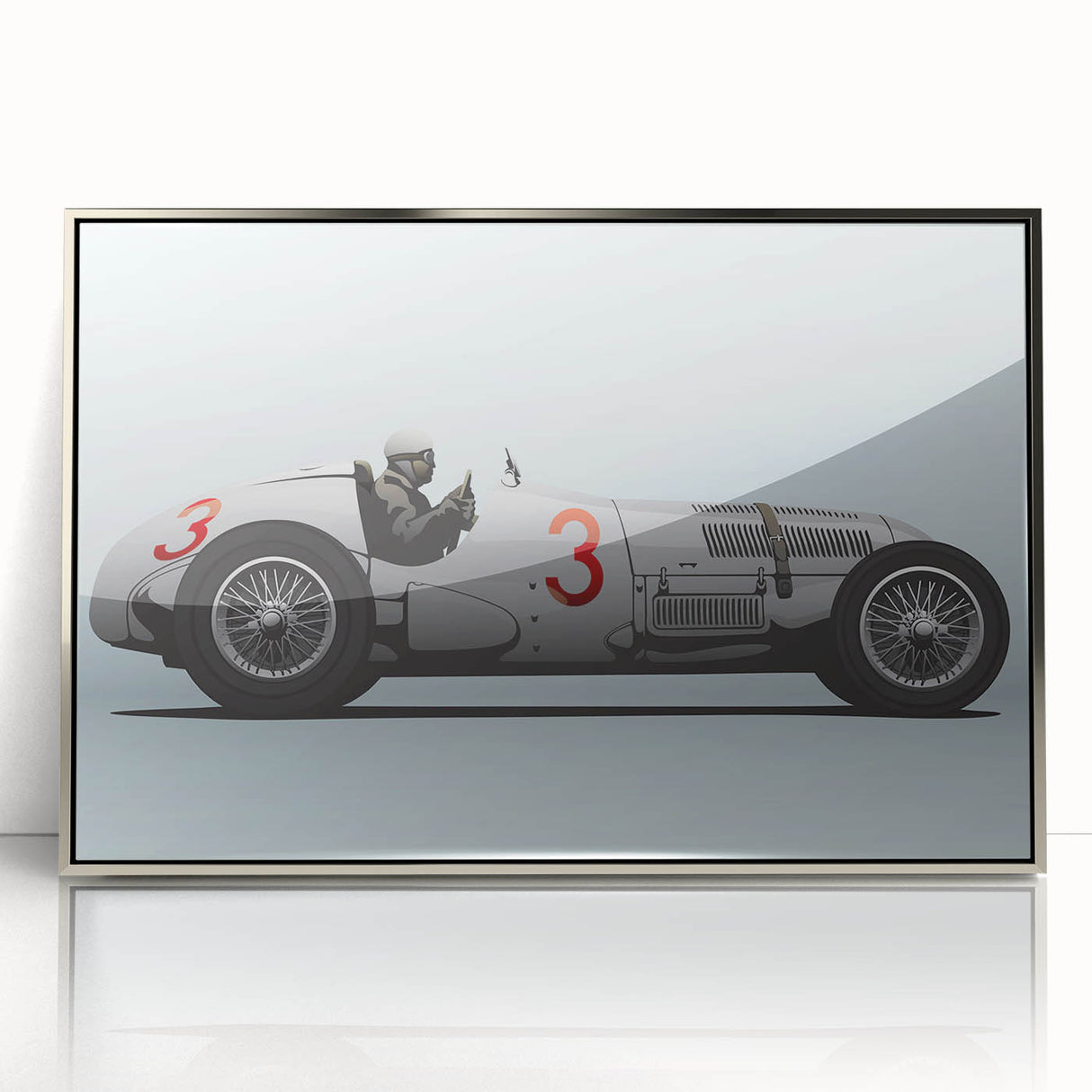 Mid-century modernist art of race cars in motion, presented in vibrant colors on a silver-framed acrylic print.