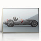 Mid-century modernist art of race cars in motion, presented in vibrant colors on a silver-framed acrylic print.