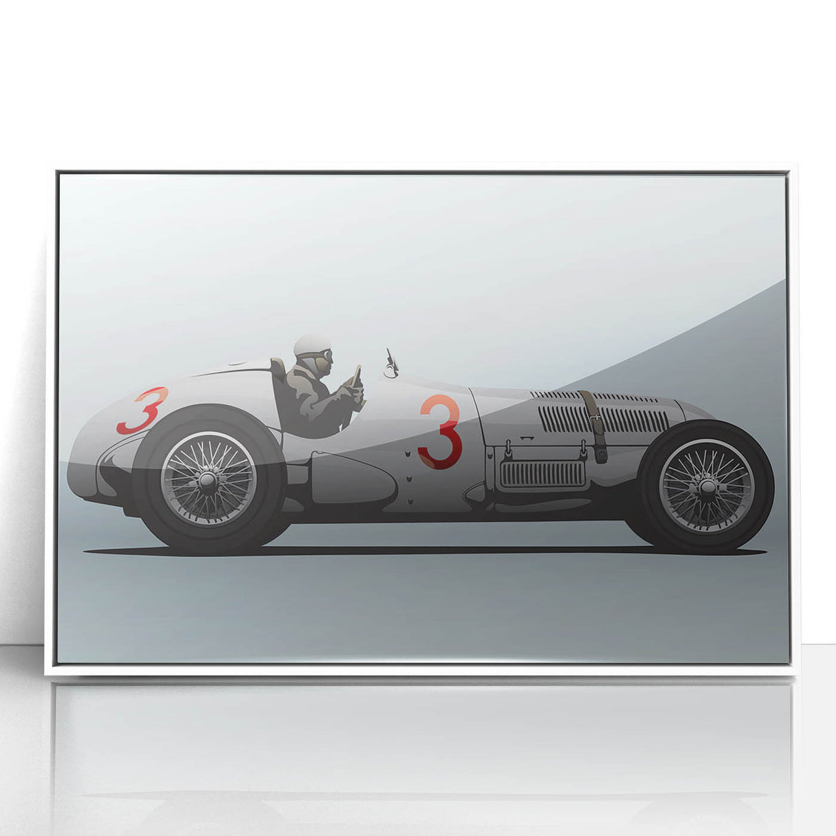 Framed acrylic print of race cars in motion, featuring bold primary colors and art deco style.