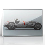 Framed acrylic print of race cars in motion, featuring bold primary colors and art deco style.