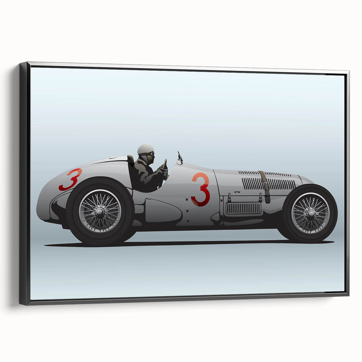 Black and white framed canvas of vintage race cars in motion, ideal for bedroom wall art.