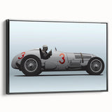 Black and white framed canvas of vintage race cars in motion, ideal for bedroom wall art.