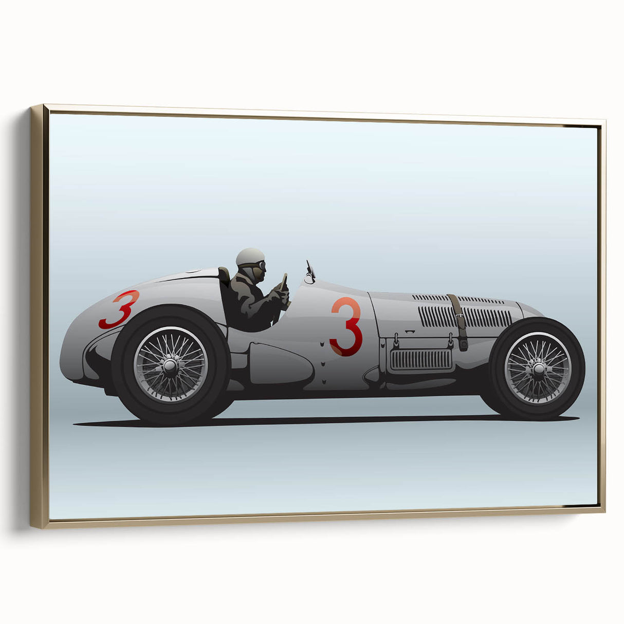 Framed canvas featuring a side view of vintage race cars in black and gold, ideal for bedroom wall decor.