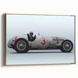 Framed canvas featuring a side view of vintage race cars in black and gold, ideal for bedroom wall decor.