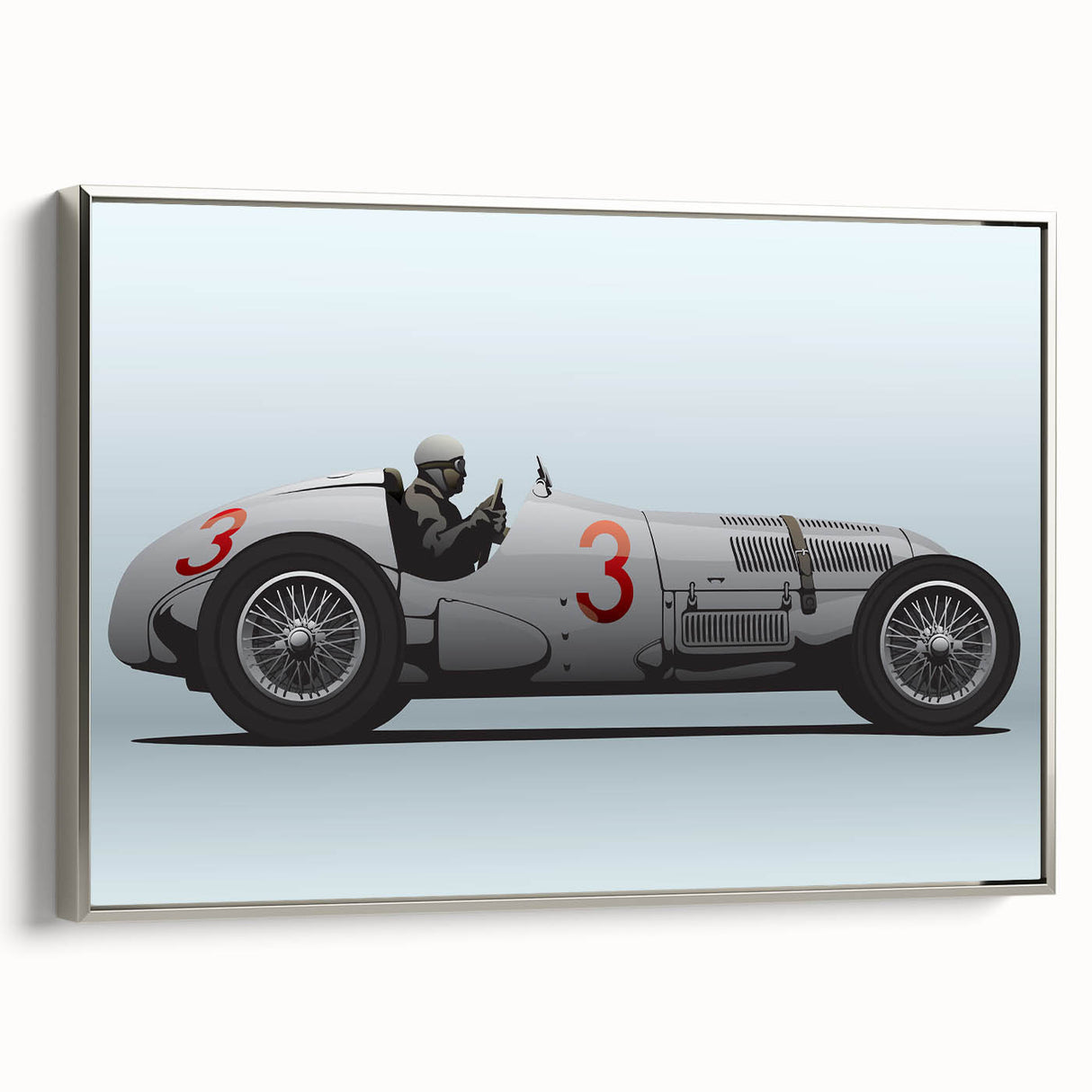 Framed canvas featuring a side view of vintage race cars in black with colorful accents, ideal for a home office or den.