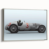 Framed canvas featuring a side view of vintage race cars in black with colorful accents, ideal for a home office or den.