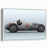 Framed vintage poster art of colorful race cars on a black background, ideal for living room decor.