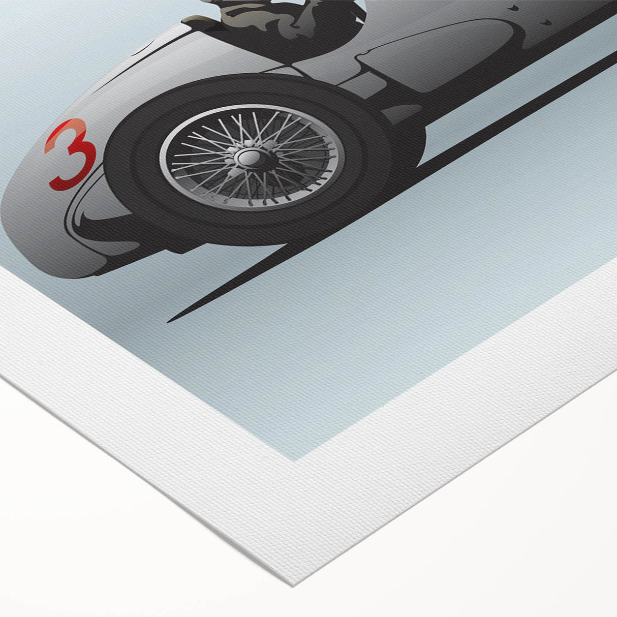 Art deco poster featuring a race car scene in vibrant red and blue tones on rolled canvas, suitable for dining room decor.