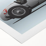 Art deco poster featuring a race car scene in vibrant red and blue tones on rolled canvas, suitable for dining room decor.