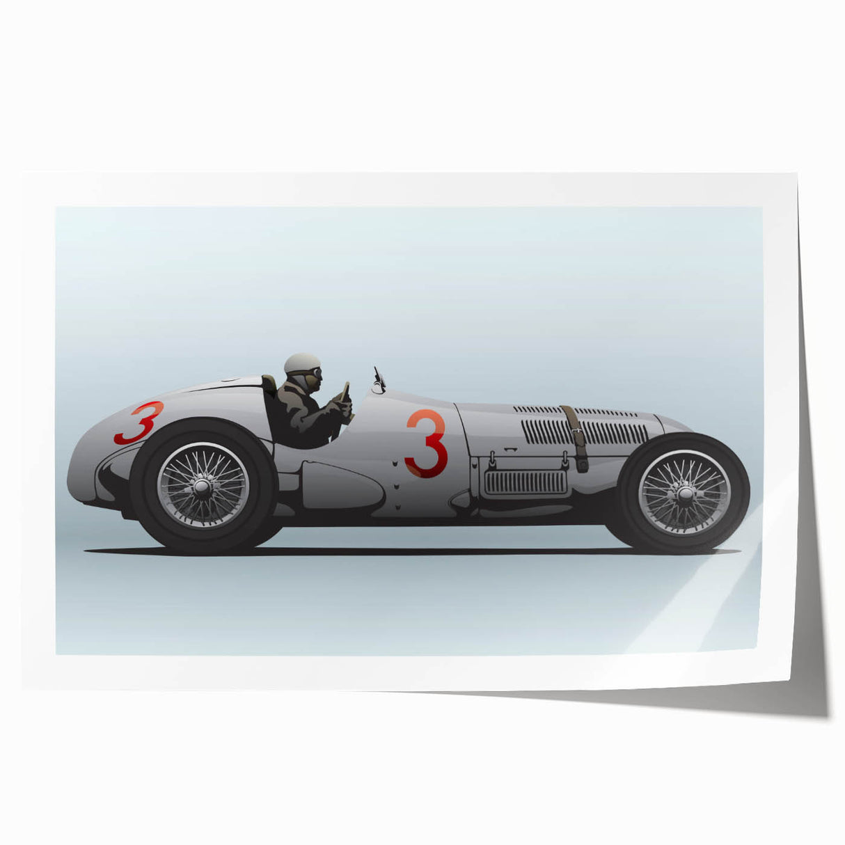 Rolled canvas print featuring a detailed illustration of race cars in action, using vibrant colors.