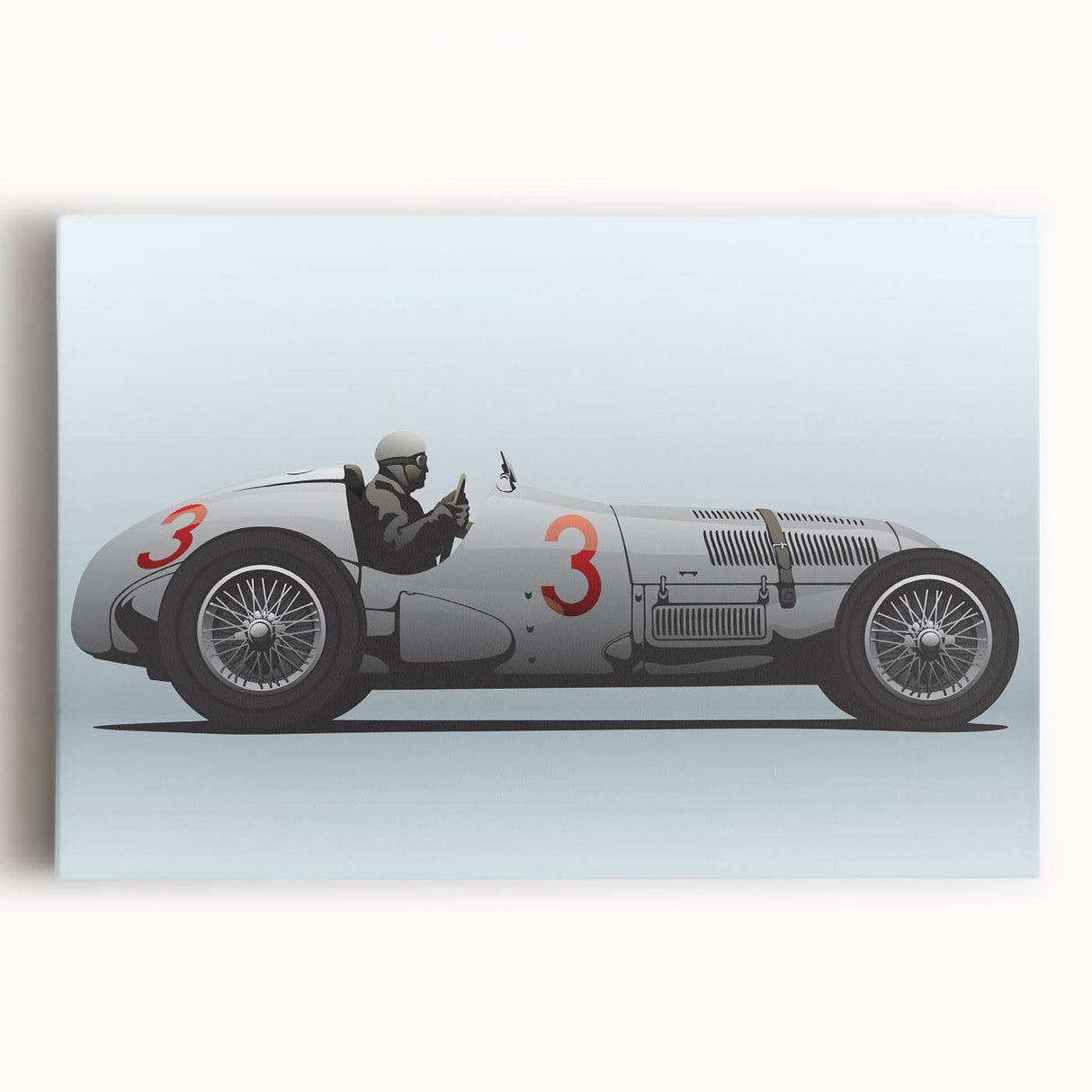 Black and white photo of race cars on a stretched canvas, suitable for kitchen wall art.