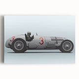 Black and white photo of race cars on a stretched canvas, suitable for kitchen wall art.
