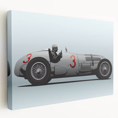 Canvas print of colorful race cars in motion, in bright red and blue tones, suitable for kitchen wall decor.