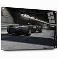 Acrylic print of race cars in motion, featuring dynamic shades of red and blue.