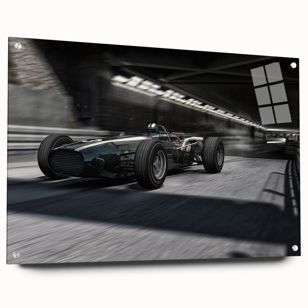Acrylic print of race cars in motion, featuring dynamic shades of red and blue.