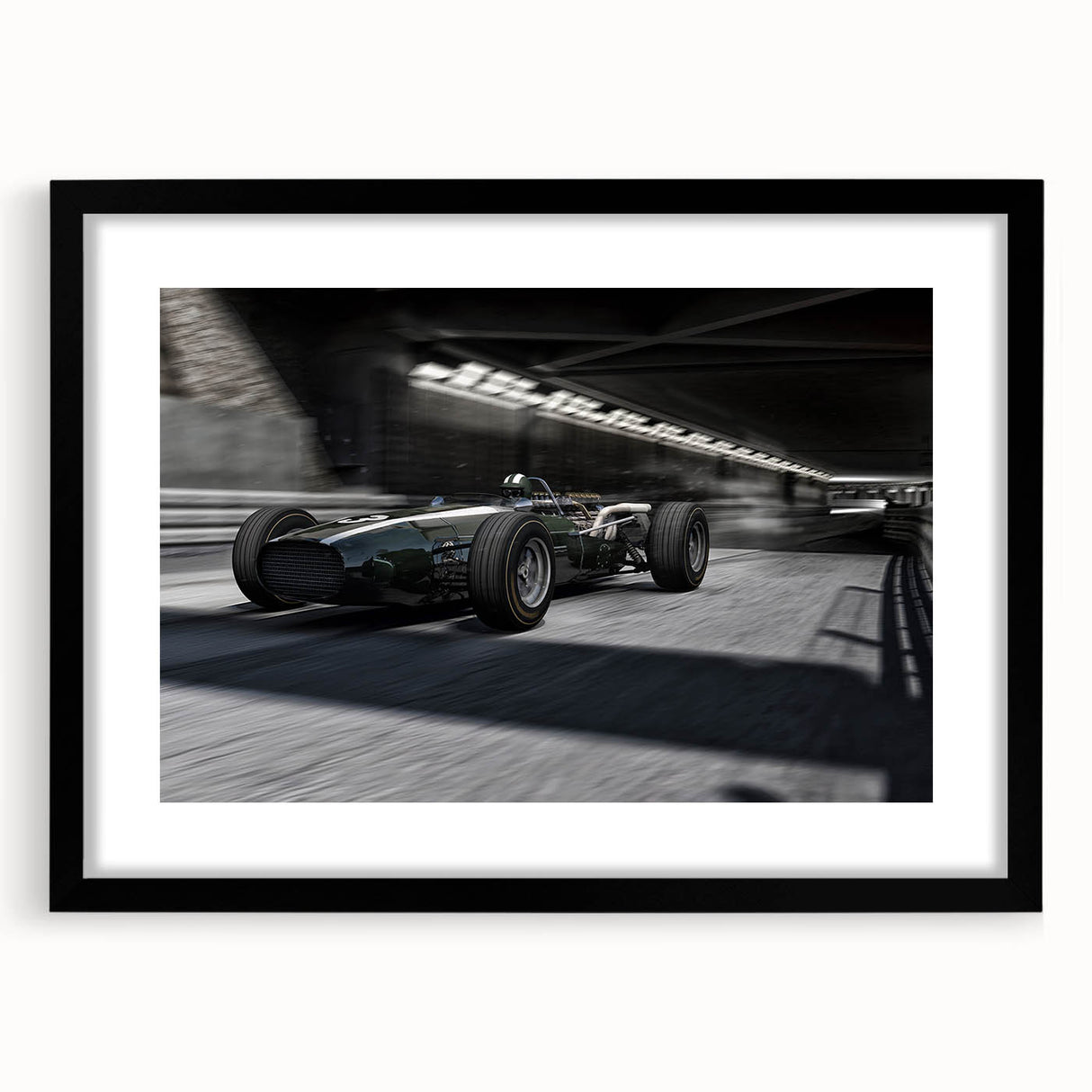 Abstract art print of race cars in vibrant, colorful strokes on a large black framed canvas, suited for living room decor.