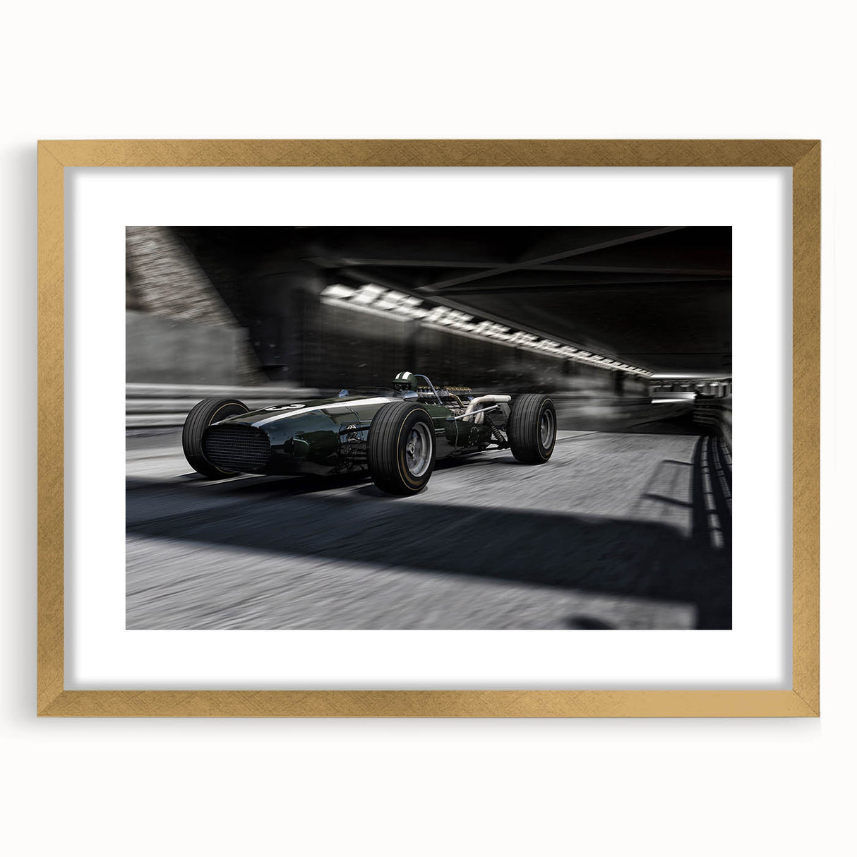 Extra large abstract art print featuring a dynamic race car scene in vibrant red and blue tones on a gold-framed canvas.