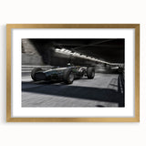 Extra large abstract art print featuring a dynamic race car scene in vibrant red and blue tones on a gold-framed canvas.