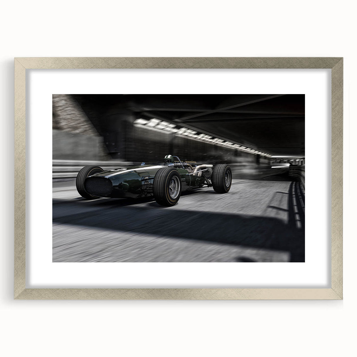 Textured abstract art print featuring blurred race cars in vibrant colors on a silver-framed mat, suitable for bedroom decor.