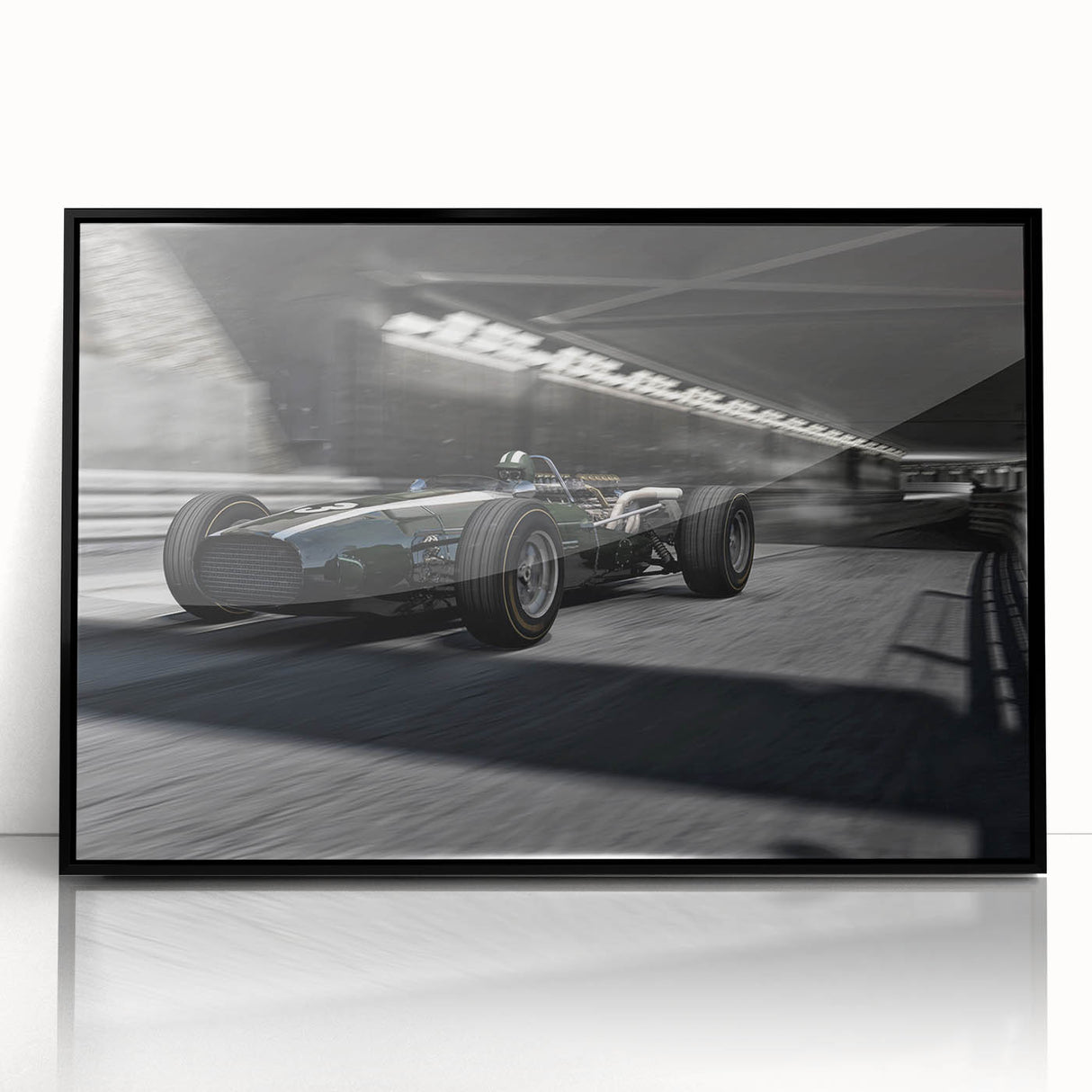 Large abstract wall art featuring a dynamic race car scene in vibrant red and blue tones on a black acrylic framed print.