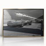 Framed acrylic print of mid-century modernist race cars in vibrant primary colors, ideal for nursery wall art.