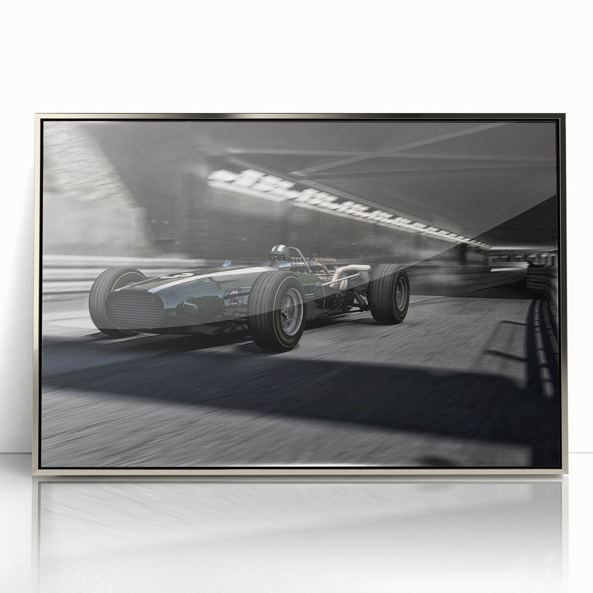 Mid-century modernist race car design in vibrant red and blue on a silver-framed acrylic, ideal for nursery wall art.