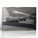 Mid-century modernist race car design in vibrant red and blue on a silver-framed acrylic, ideal for nursery wall art.