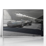 Art deco poster featuring race cars in bold red and blue on white acrylic, ideal for modern nursery wall art.