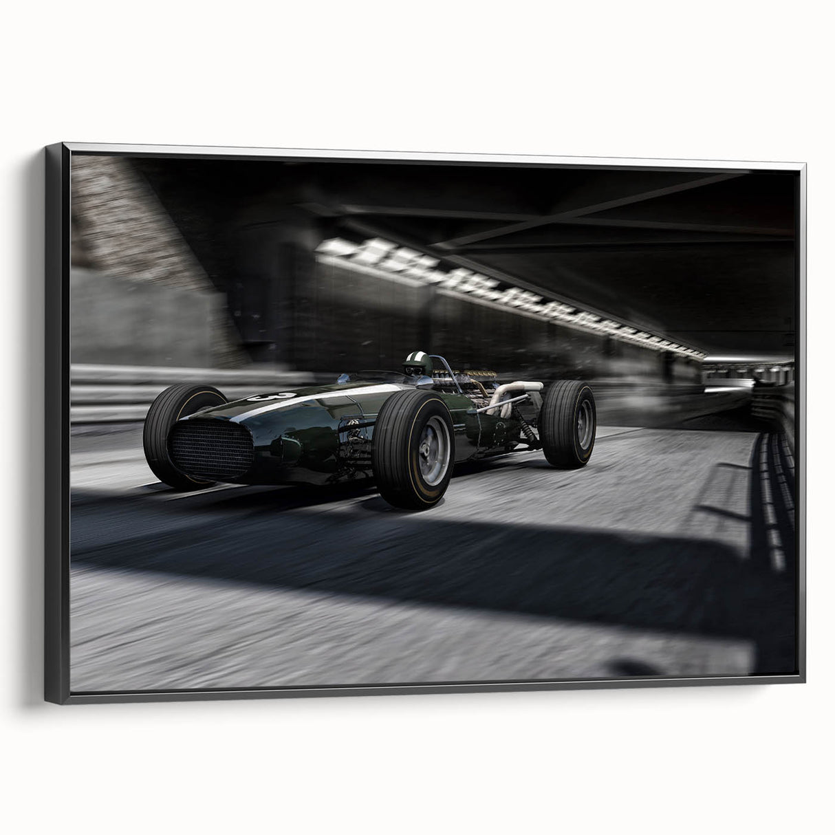 Framed canvas featuring a vintage race car in black and white, ideal for bedroom wall art.
