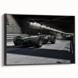 Framed canvas featuring a vintage race car in black and white, ideal for bedroom wall art.