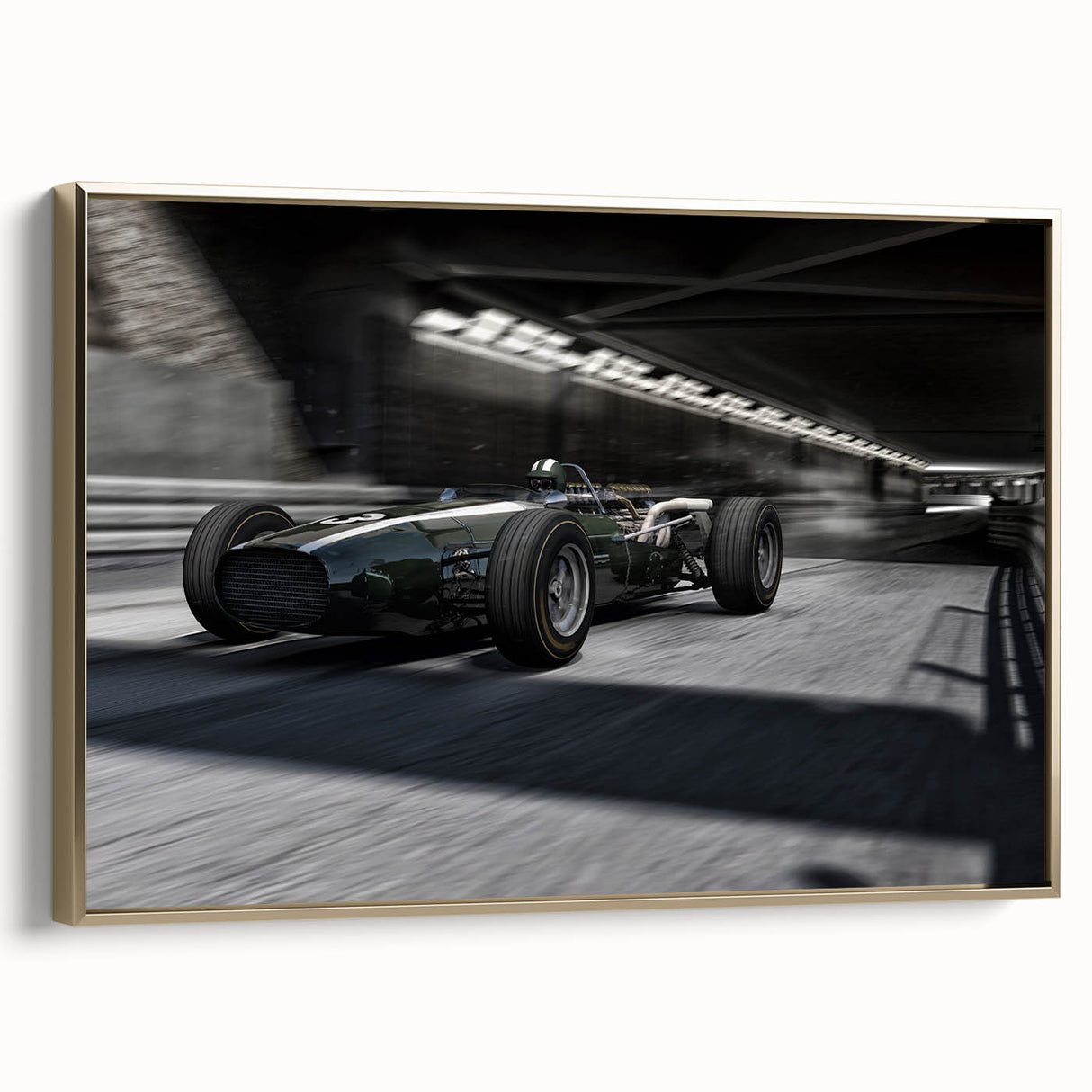 Black and white framed canvas of vintage race cars in motion, ideal for bedroom wall art.